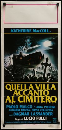 4y951 HOUSE BY THE CEMETERY Italian locandina 1984 Lucio Fulci, Sciotti art of killer over graveyard!