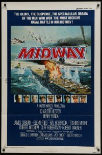 4z599 MIDWAY style B 1sh 1976 Charlton Heston, Henry Fonda, dramatic naval battle art!