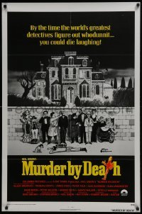 4z623 MURDER BY DEATH int'l 1sh 1976 Peter Sellers, great Charles Addams art of cast by dead body!