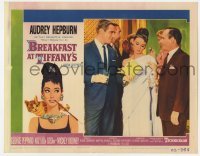 5b574 BREAKFAST AT TIFFANY'S LC #5 1961 elegant Audrey Hepburn between Peppard & Balsam at party!