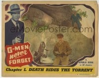 5b702 G-MEN NEVER FORGET chapter 1 LC #4 1948 Clayton Moore gets the drop of Barcroft by motorcycle!