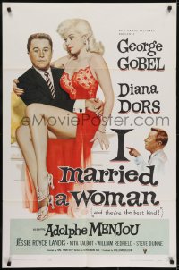 5k405 I MARRIED A WOMAN 1sh 1958 artwork of sexiest Diana Dors sitting in George Gobel's lap!