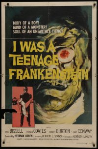 5k407 I WAS A TEENAGE FRANKENSTEIN 1sh 1957 wonderful close up art of monster + holding sexy girl!