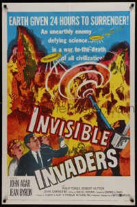 5k417 INVISIBLE INVADERS 1sh 1959 cool artwork of alien who gives Earth 24 hours to surrender!