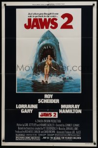 5k428 JAWS 2 1sh 1978 great classic art of giant shark attacking girl on water skis by Lou Feck!