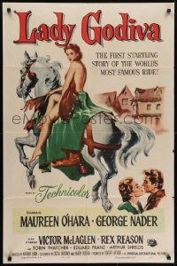 5k455 LADY GODIVA 1sh 1955 artwork of super sexy naked Maureen O'Hara on horseback!