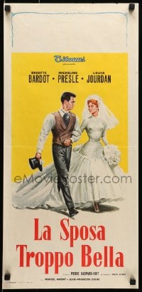 5y864 BRIDE IS MUCH TOO BEAUTIFUL Italian locandina 1958 art of Brigitte Bardot in wedding dress!