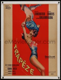 6a096 TRAPEZE linen French 24x32 1956 art of Burt Lancaster & Gina Lollobrigida kissing in mid-air!