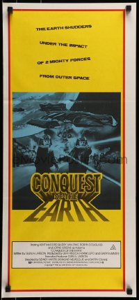 6k570 CONQUEST OF THE EARTH Aust daybill 1980 great image of wacky aliens terrorizing Hollywood!