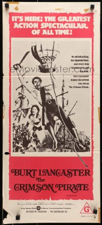 6k577 CRIMSON PIRATE Aust daybill R1970s great image of barechested Burt Lancaster swinging on rope!