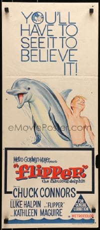 6k641 FLIPPER Aust daybill 1963 Chuck Connors, Luke Halpin, cool art of boy & dolphin!