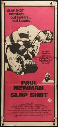 6k910 SLAP SHOT Aust daybill 1977 ice hockey, cool image of Paul Newman fighting!