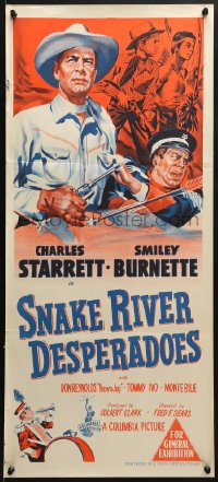 6k915 SNAKE RIVER DESPERADOES Aust daybill 1951 art of Charles Starrett & Smiley Burnette by Glenn Cravath!