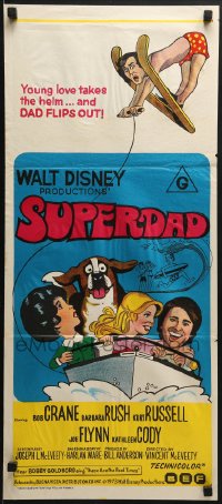 6k934 SUPERDAD Aust daybill 1974 Walt Disney, wacky art of surfing Bob Crane & Kurt Russell w/guitar!