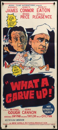 6k981 WHAT A CARVE UP Aust daybill 1962 Sidney James, Kenneth Connor, Shirley Eaton, sexy homicide!