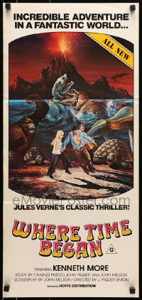 6k983 WHERE TIME BEGAN Aust daybill 1980 Jules Verne, Campanil art of stars & gigantic dinosaurs!