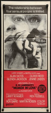 6k989 WOMEN IN LOVE Aust daybill 1970 Ken Russell, D.H. Lawrence, Glenda Jackson, wild image!