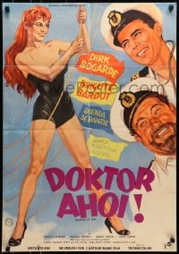 6k319 DOCTOR AT SEA German 1956 wacky art of sailor Dirk Bogarde & sexy Brigitte Bardot!