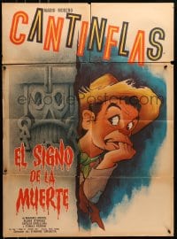 6k149 EL SIGNO DE LA MUERTE Mexican poster R1950s great wacky artwork of scared Cantinflas!