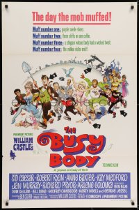 6r153 BUSY BODY 1sh 1967 William Castle, great wacky art of entire cast by Frank Frazetta!