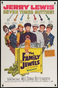 6r294 FAMILY JEWELS 1sh 1965 Jerry Lewis is seven times nuttier in seven roles, wacky art!