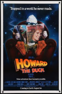 6r417 HOWARD THE DUCK advance 1sh 1986 George Lucas, art of him reading magazine w/Lea Thompson!