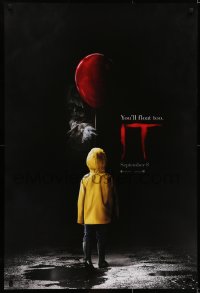 6r452 IT teaser DS 1sh 2017 creepy image of Pennywise handing child balloon, you'll float too!