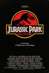 6r472 JURASSIC PARK DS 1sh 1993 Steven Spielberg, classic logo with T-Rex over red background