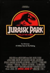 6r471 JURASSIC PARK advance 1sh 1993 Steven Spielberg, classic logo with T-Rex over red background