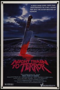 6r645 NIGHT TRAIN TO TERROR 1sh 1984 wacky art of monster by train going into jaws to Hell!