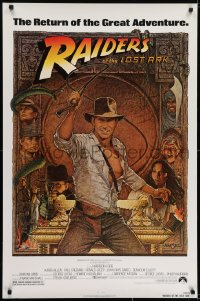 6r719 RAIDERS OF THE LOST ARK 1sh R1982 great Richard Amsel art of adventurer Harrison Ford!