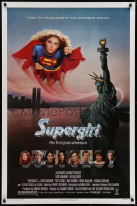 6r885 SUPERGIRL 1sh 1984 super Helen Slater in costume flying over Statue of Liberty!