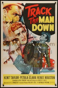 6r931 TRACK THE MAN DOWN 1sh 1955 cool art of detective Kent Taylor tracing footsteps, Petula Clark