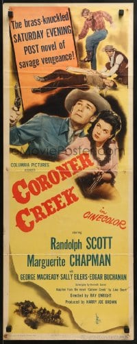 6z093 CORONER CREEK insert 1948 c/u of Randolph Scott fighting bad guy & with Marguerite Chapman!