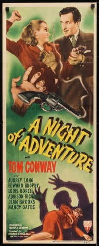 6z267 NIGHT OF ADVENTURE insert 1944 Tom Conway, cool smoking gun & dead girl crime artwork!