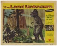 7c650 LAND UNKNOWN LC #5 1957 great fx image of top stars hiding from fake Tyrannosaurus Rex!