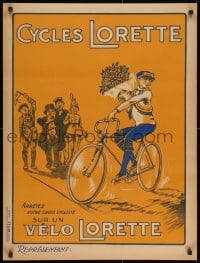 7r778 CYCLES LORETTE 24x32 French advertising poster 1930 cyclist crossing the finishing line!