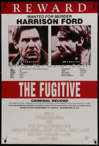 8a337 FUGITIVE recalled int'l 1sh 1993 Harrison Ford is on the run, cool wanted poster design!