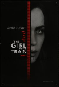 8a344 GIRL ON THE TRAIN teaser DS 1sh 2016 close-up of Emily Blunt, what you see can hurt you!