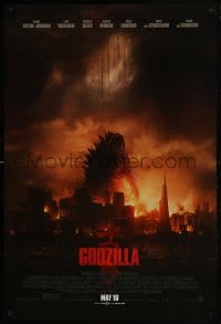 8a354 GODZILLA advance DS 1sh 2014 Bryan Cranston, image of monster over burning San Francisco!