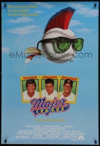 8a537 MAJOR LEAGUE 1sh 1989 Charlie Sheen, Tom Berenger, wacky art of baseball with mohawk!