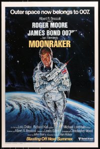 8a578 MOONRAKER style A advance 1sh 1979 art of Roger Moore as Bond blasting off in space by Goozee!