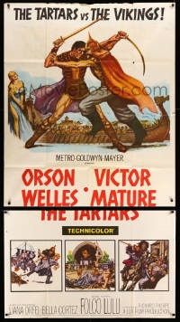 8b949 TARTARS 3sh 1961 great artwork of armored Victor Mature battling Orson Welles!