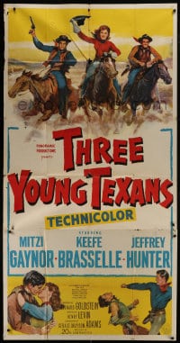 8b955 THREE YOUNG TEXANS 3sh 1954 art of Mitzi Gaynor, Keefe Brasselle & Jeff Hunter on horses!