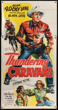 8b958 THUNDERING CARAVANS 3sh 1952 great artwork of cowboy Rocky Lane w/smoking gun & Black Jack!