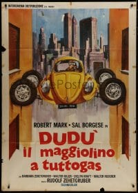 8b306 SUPER WHEELS Italian 1p 1974 different Crovato art of Volkswagen Beetle climbing buildings!