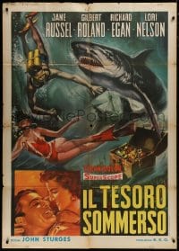 8b318 UNDERWATER Italian 1p R1960s Howard Hughes, cool art of scuba diver Jane Russell & shark!