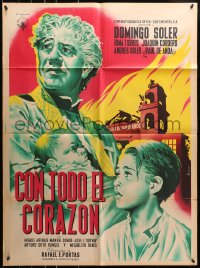 8c340 CON TODO EL CORAZON Mexican poster 1951 Mendoza art of priest w/baby by destroyed church!