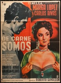 8c342 DE CARNE SOMOS Mexican poster 1955 artwork of sexy Marga Lopez pulling her shirt open!