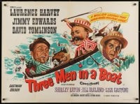 8f976 THREE MEN IN A BOAT British quad 1956 wacky art of Laurence Harvey & co-stars on gondola!